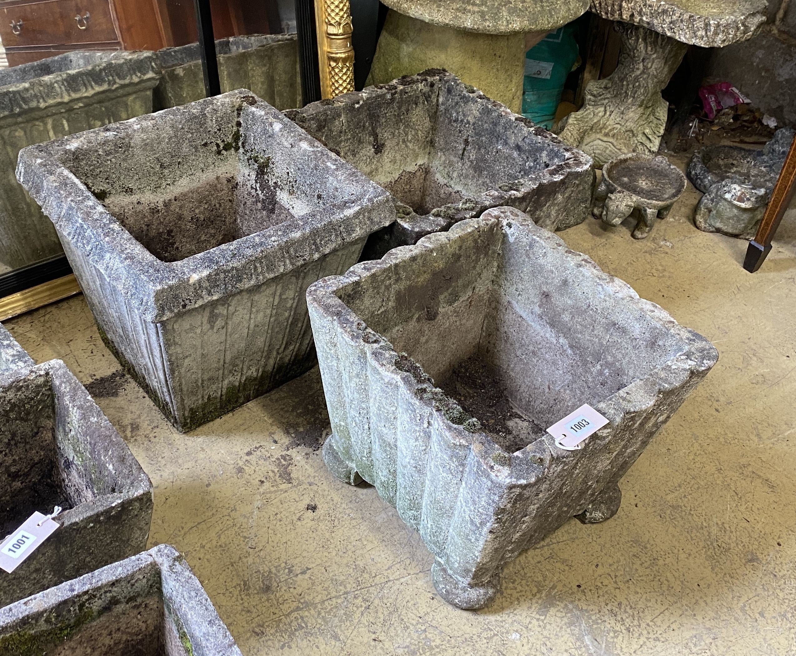 Three (two plus one) square reconstituted stone garden planters, largest width 40cm, height 37cm